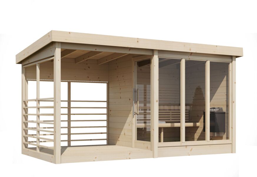 Aussensauna/Saunahaus ANITA inkl. Terrasse 417,2 x 215,8 cm / inkl. selbstklebender EPDM-Bahn / Bausatz / Fichte natur