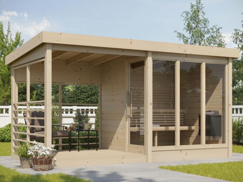 Aussensauna/Saunahaus ANITA inkl. Terrasse 417,2 x 215,8 cm / inkl. selbstklebender EPDM-Bahn / Bausatz / Fichte natur