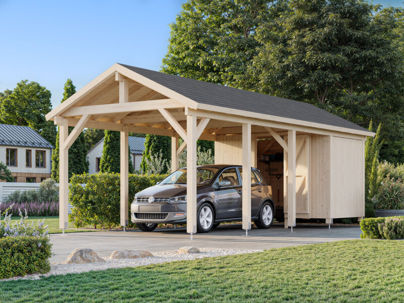 4743142041659 - Einzelcarport ROBERT 231 m² mit Geräteraum 315x732 cm 12x12 Pfosten naturbelassen
