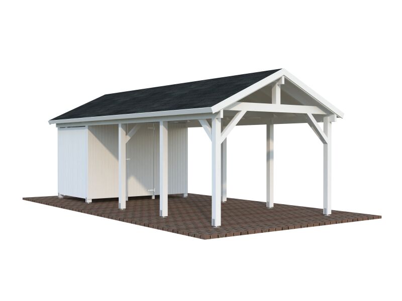 4743142042199 - Einzelcarport ROBERT 231 m² mit Geräteraum 315x732 cm 12x12 Pfosten lackiert weiß (9016) + weiß (9016)