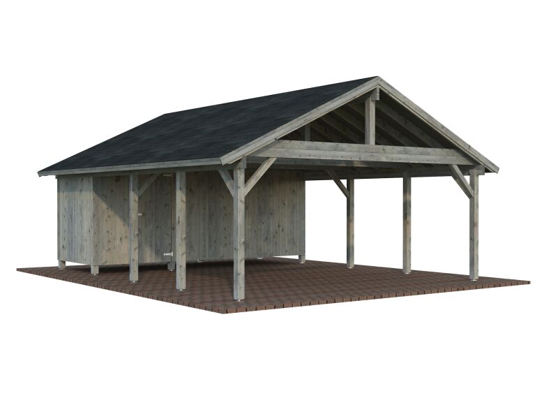 Palmako Doppelcarport ROBERT 40,6 m² mit Geräteraum  555x732 cm, 12x12 Pfosten, hellbraun imprägniert
