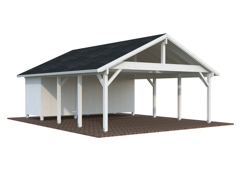 Palmako Doppelcarport ROBERT 40,6 m² mit Geräteraum  555x732 cm, 12x12 Pfosten, hellbraun imprägniert