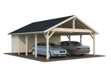 Palmako Doppelcarport ROBERT 40,6 m² mit Geräteraum  555x732 cm, 12x12 Pfosten, hellbraun imprägniert