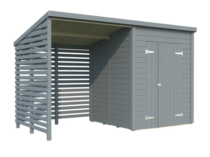 Palmako Gerätehaus LEIF 3,0+2,9 m², 16 mm, 370x170 cm, inkl. Fußboden, lackiert hellgrau (7042) + hellgrau (7042)