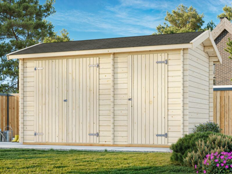 Palmako Gerätehaus JARI 8,9 m²  390x240 cm, 28 mm, inkl. Fußboden, natur + farbig