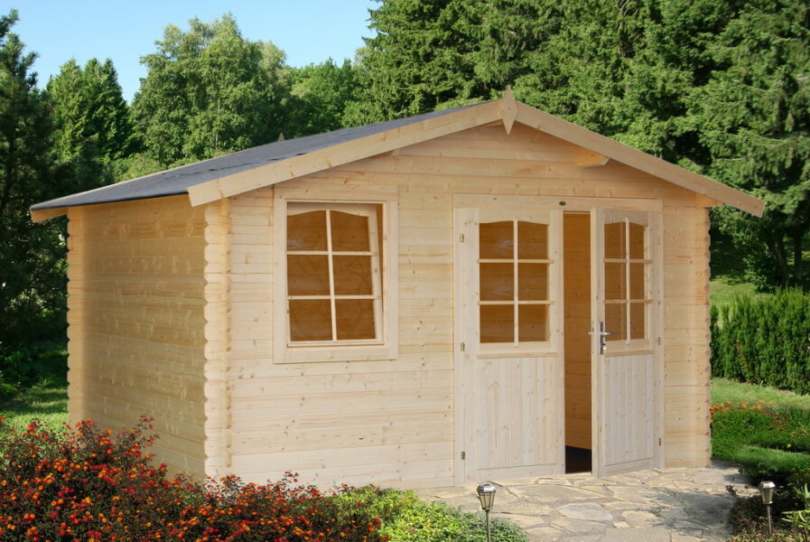 Gartenhaus KLARA 10,4 m2, 380 x 320 cm, 28 mm Wandbohlen, natur + farbig