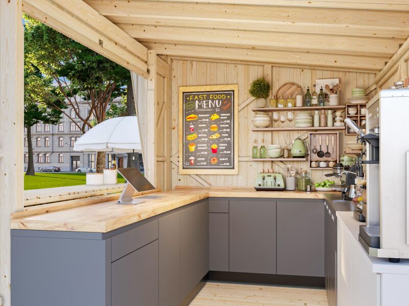 Palmako Marktstand/Verkaufsstand KIRA 7,7 m²  355x233 cm, 16+32 mm, inkl. Fußboden, lackieret weiß (9016) + weiß (9016)