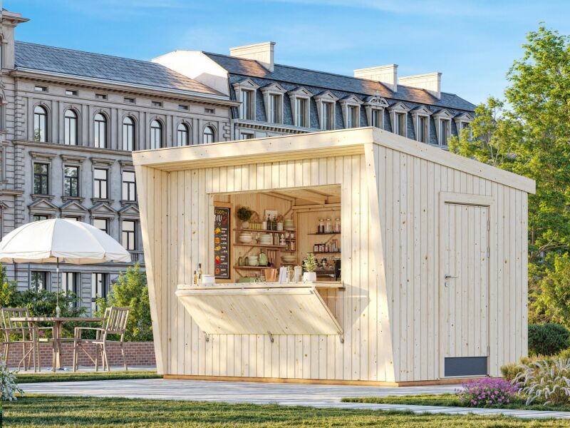 4743142004135 - Marktstand Verkaufsstand KIRA 77 m² 355x233 cm 16+32 mm inkl Fußboden natur + farbig