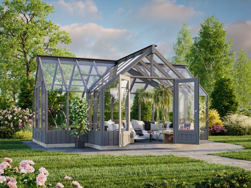 4743142044735 - Glashaus   Gewächshaus   Orangerie EMILIA 191 m² 543x421 cm lackiert dunkelgrau (RAL 7012)
