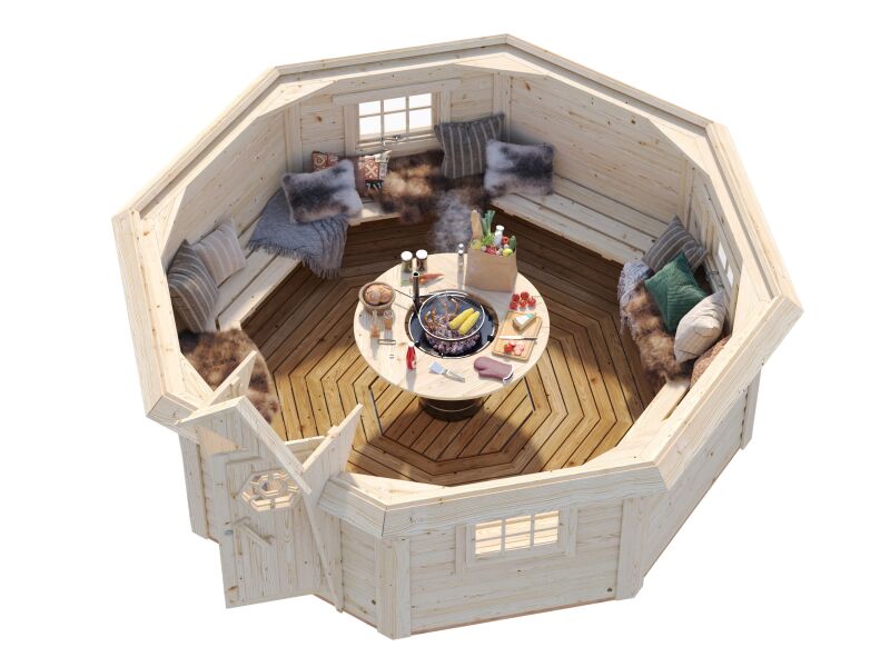 Palmako Grillkota EVA 11,4 m²  Ø 379 cm, ISO, 44 mm, inkl. Fußboden, natur + farbig