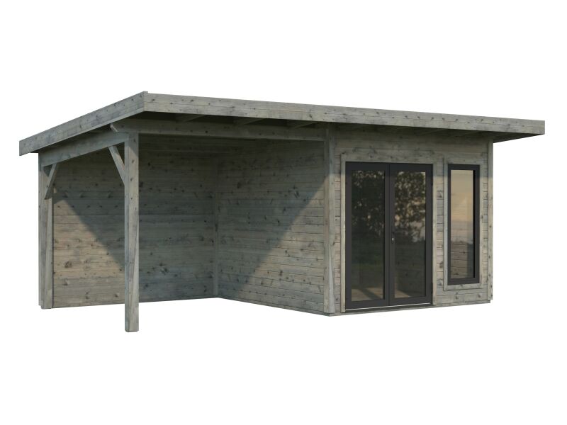 4743142047255 - Gartenhaus AURELIA 84+79 m² - 599x300 cm inkl Seitendach 303 cm 44 mm inkl Boden Tür- u Fenster Aluminium grau imprägniert