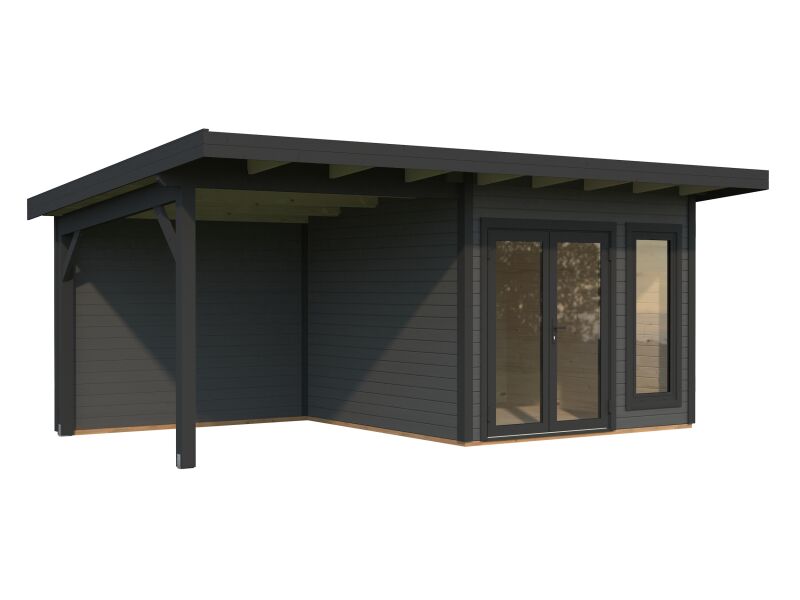 Palmako Gartenhaus AURELIA 8,4+7,9 m² - 599x300 cm, inkl. Seitendach 303 cm, 44 mm, inkl. Boden, Tür- u. Fenster Aluminium, lackiert hellgrau (7042) + anthrazit (7016)