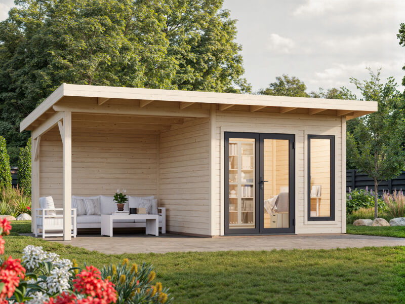 Palmako Gartenhaus AURELIA 8,4+7,9 m² - 599x300 cm, inkl. Seitendach 303 cm, 44 mm, inkl. Boden, Tür- u. Fenster Aluminium, natur + farbig