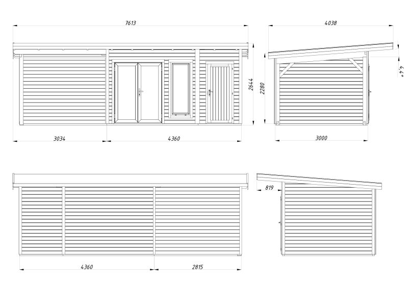 Palmako Gartenhaus AURELIA 12,4+7,9 m² - 739x300 cm, inkl. 2-Raum+Seitendach, 44 mm, inkl. Boden, Tür- u. Fenster Aluminium, hellbraun imprägniert