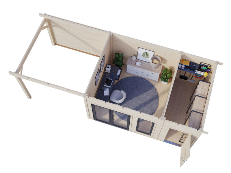 Palmako Gartenhaus AURELIA 12,4+7,9 m² - 739x300 cm, inkl. 2-Raum+Seitendach, 44 mm, inkl. Boden, Tür- u. Fenster Aluminium, hellbraun imprägniert