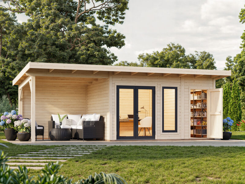 Palmako Gartenhaus AURELIA 12,4+7,9 m² - 739x300 cm, inkl. 2-Raum+Seitendach, 44 mm, inkl. Boden, Tür- u. Fenster Aluminium, hellbraun imprägniert