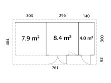 Palmako Gartenhaus AURELIA 12,4+7,9 m² - 739x300 cm, inkl. 2-Raum+Seitendach, 44 mm, inkl. Boden, Tür- u. Fenster Aluminium, hellbraun imprägniert
