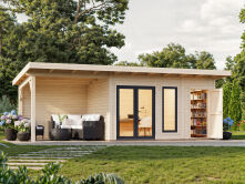 Palmako Gartenhaus AURELIA 12,4+7,9 m² - 739x300 cm, inkl. 2-Raum+Seitendach, 44 mm, inkl. Boden, Tür- u. Fenster Aluminium, hellbraun imprägniert