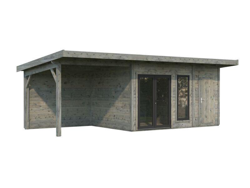 4743142061435 - Gartenhaus AURELIA 124+79 m² - 739x300 cm inkl 2-Raum+Seitendach 44 mm inkl Boden Tür- u Fenster Aluminium transparent imprägniert