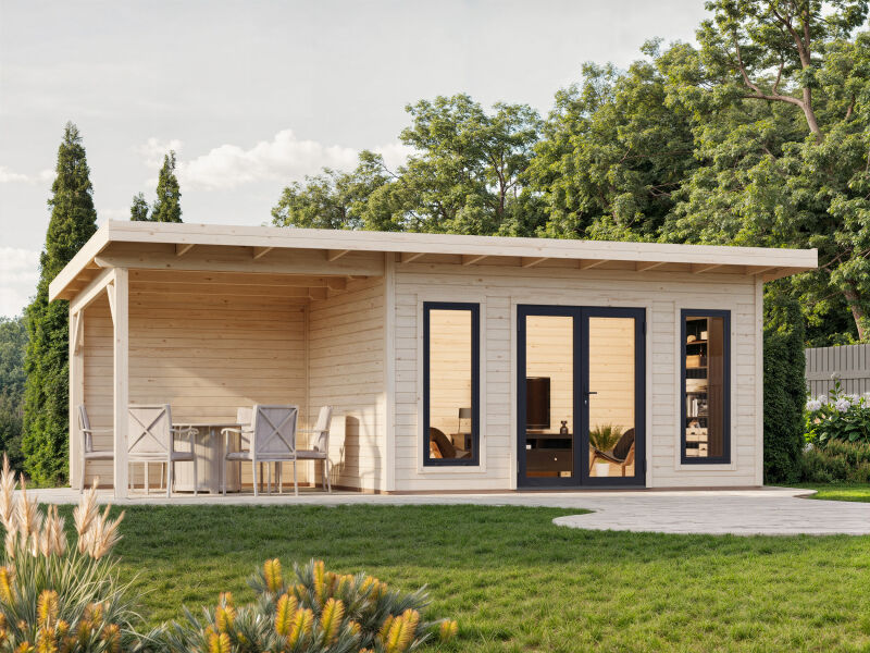 Palmako Gartenhaus AURELIA 12,7+7,9 m² - 749x300 cm, inkl. Seitendach 303 cm, 44 mm, inkl. Boden, Tür- u. Fenster Aluminium, naturbelassen