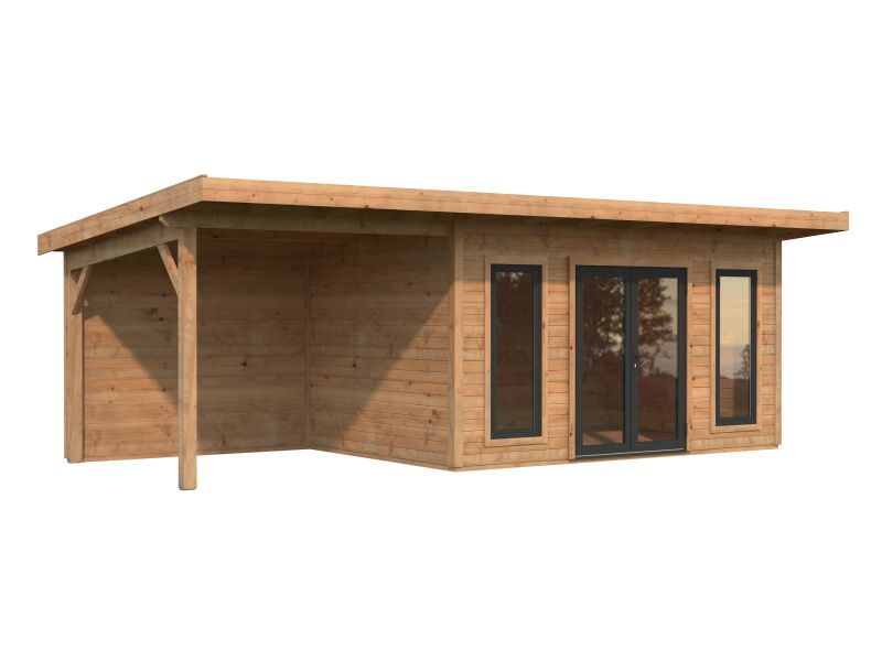 4743142064269 - Gartenhaus AURELIA 127+79 m² - 749x300 cm inkl Seitendach 303 cm 44 mm inkl Boden Tür- u Fenster Aluminium hellbraun imprägniert