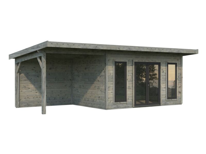 4743142064276 - Gartenhaus AURELIA 127+79 m² - 749x300 cm inkl Seitendach 303 cm 44 mm inkl Boden Tür- u Fenster Aluminium grau imprägniert