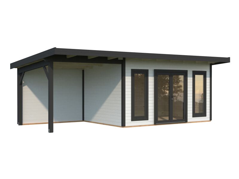 4743142064313 - Gartenhaus AURELIA 127+79 m² - 749x300 cm inkl Seitendach 303 cm 44 mm inkl Boden Tür- u Fenster Aluminium lackiert weiß (9016) + 