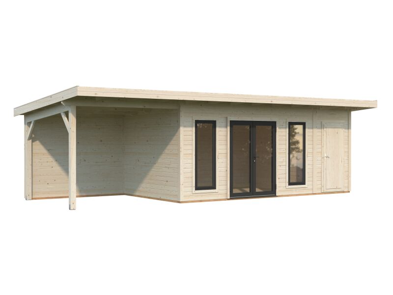 4743142064566 - Gartenhaus AURELIA 167+79 m² - 889x300 cm inkl Seitendach 303 cm 44 mm inkl Boden Tür- u Fenster Aluminium transparent imprägniert