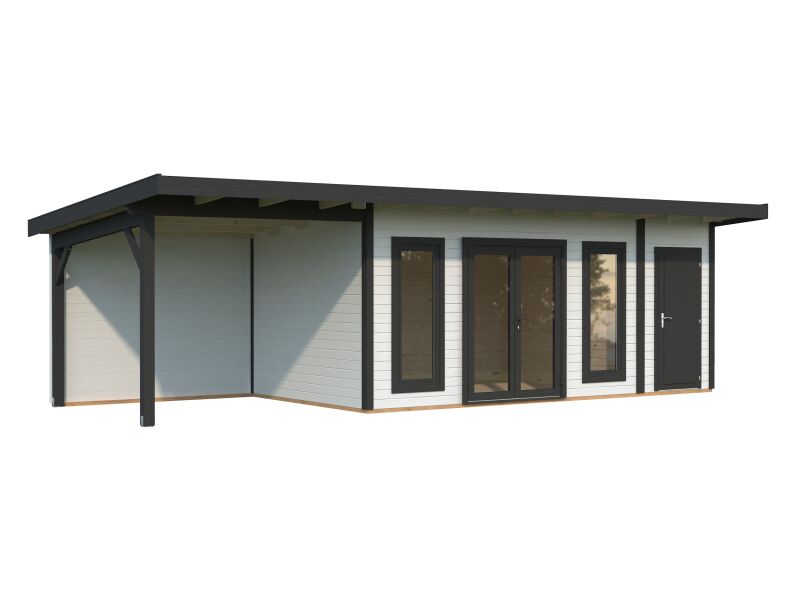 4743142064597 - Gartenhaus AURELIA 167+79 m² - 889x300 cm inkl Seitendach 303 cm 44 mm inkl Boden Tür- u Fenster Aluminium lackiert weiß (9016) + 