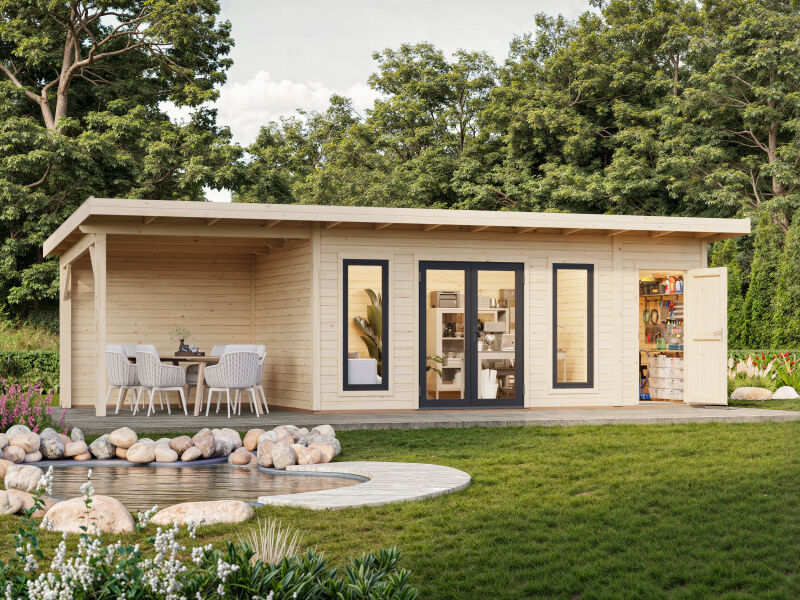 Palmako Gartenhaus AURELIA 16,7+7,9 m² - 889x300 cm, inkl. Seitendach 303 cm, 44 mm, inkl. Boden, Tür- u. Fenster Aluminium, natur + faarbig