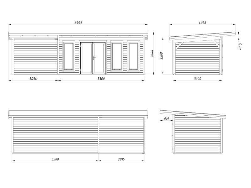 Palmako Gartenhaus AURELIA 15,2+7,9 m² - 833x300cm, 44 mm, inkl. Seitendach 303 cm, inkl. Boden, Tür- u. Fenster Aluminium, naturbelassen