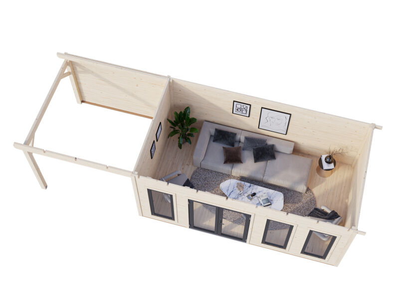 Palmako Gartenhaus AURELIA 15,2+7,9 m² - 833x300cm, 44 mm, inkl. Seitendach 303 cm, inkl. Boden, Tür- u. Fenster Aluminium, naturbelassen