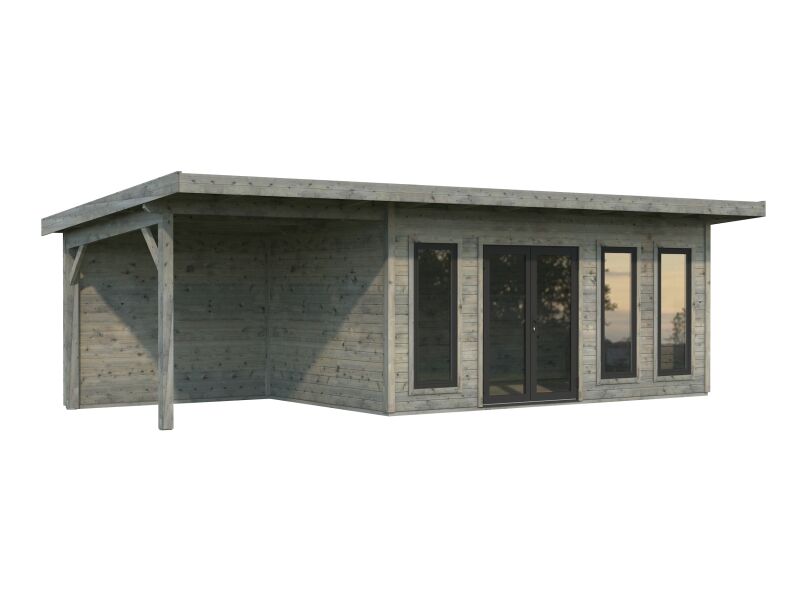 Palmako Gartenhaus AURELIA 15,2+7,9 m² - 833x300cm, 44 mm, inkl. Seitendach 303 cm, inkl. Boden, Tür- u. Fenster Aluminium, naturbelassen