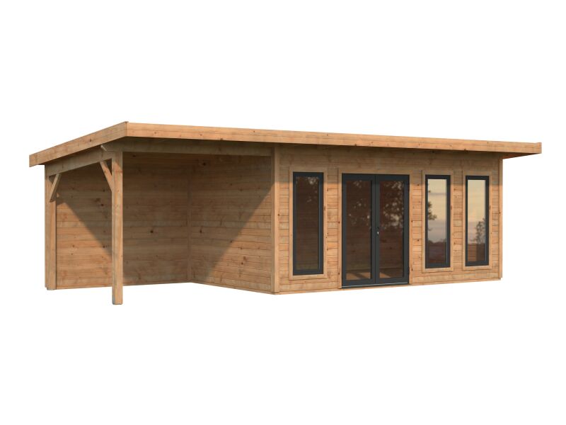 4743142064405 - Gartenhaus AURELIA 152+79 m² - 833x300cm 44 mm inkl Seitendach 303 cm inkl Boden Tür- u Fenster Aluminium hellbraun imprägniert