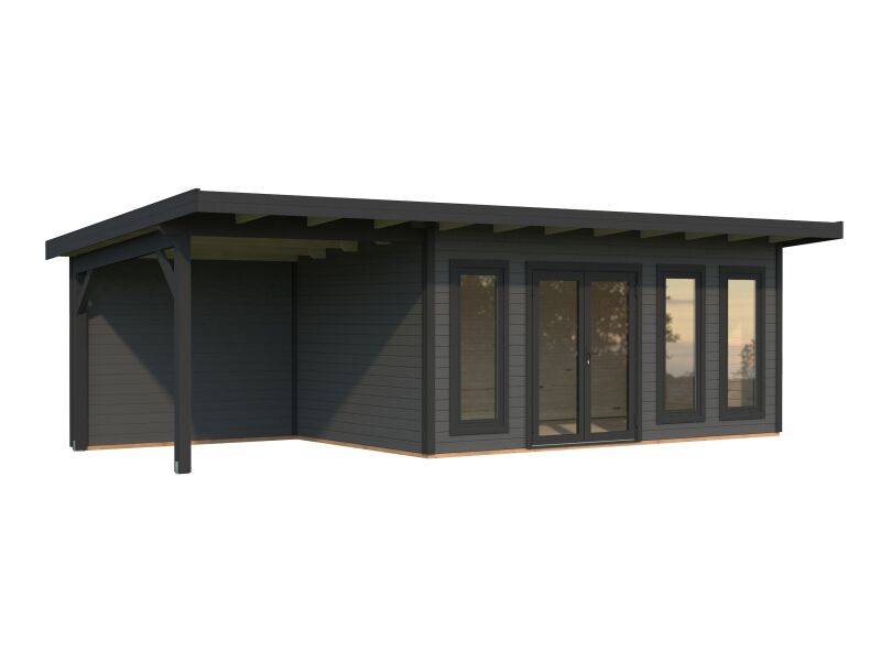 Palmako Gartenhaus AURELIA 15,2+7,9 m² - 833x300cm, 44 mm, inkl. Seitendach 303 cm, inkl. Boden, Tür- u. Fenster Aluminium, hellbraun imprägniert