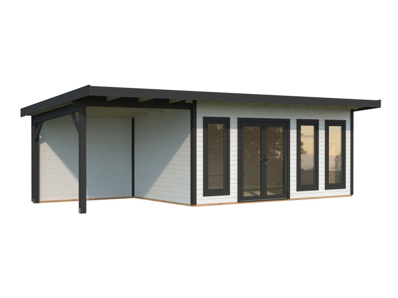 Palmako Gartenhaus AURELIA 15,2+7,9 m² - 833x300cm, 44 mm, inkl. Seitendach 303 cm, inkl. Boden, Tür- u. Fenster Aluminium, hellbraun imprägniert