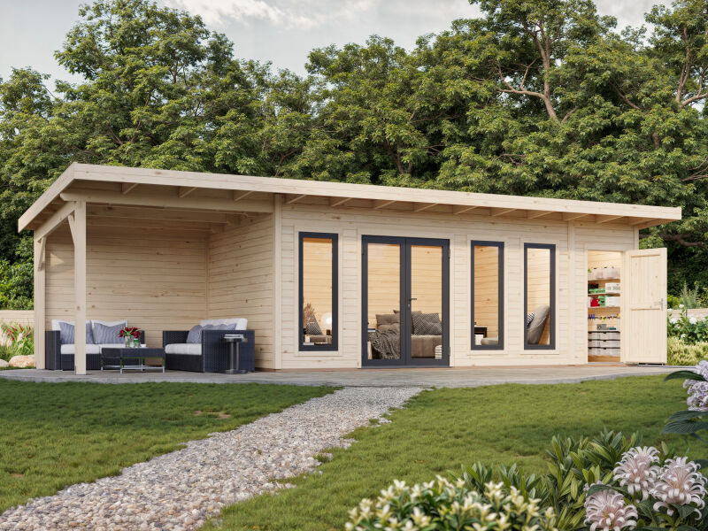 Palmako Gartenhaus AURELIA 19,2+7,9 m² - 973x300 cm, inkl. 2-Raum+Seitendach, 44 mm, inkl. Boden, Tür- u. Fenster Aluminium, natur + farbig