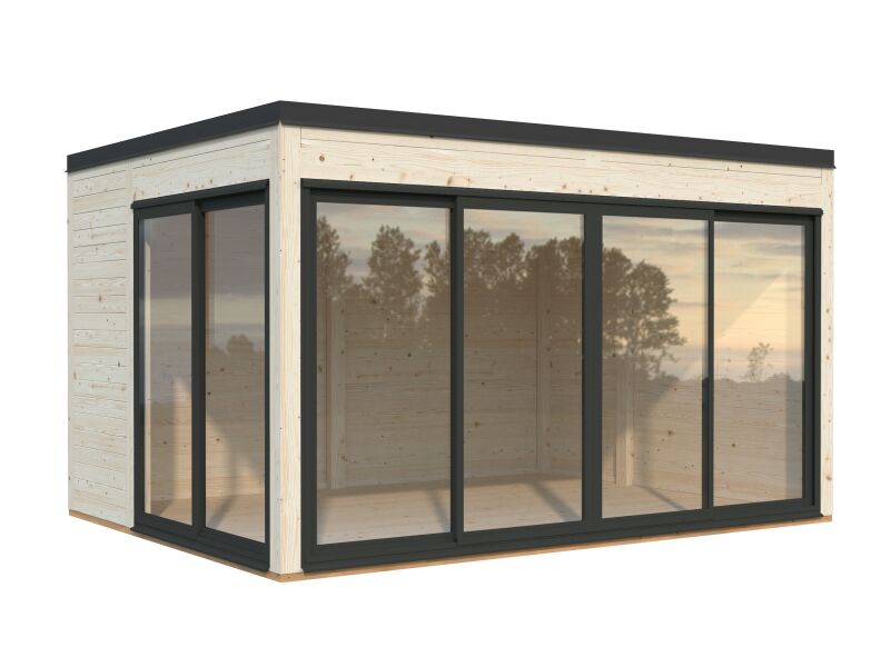 Palmako Gartenhaus SERENA 12,6 m² SET 1 ISO - 420x320cm, 44mm , inkl. Boden, Schiebetür Plus, lackiert hellgrau (7042)+ hellgrau (7042)