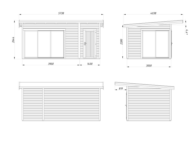 Gartenhaus ANDREA 15,2 m² - 530x300 cm, 44 mm, 2-Raum,  inkl. Boden, Schiebetür, natur + farbig
