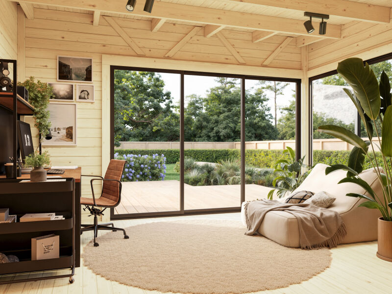 Gartenhaus ANDREA 15,2 m² - 530x300 cm, 44 mm, 2-Raum,  inkl. Boden, Schiebetür, natur + farbig