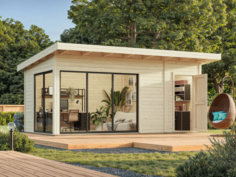 Gartenhaus ANDREA 15,2 m² - 530x300 cm, 44 mm, 2-Raum,  inkl. Boden, Schiebetür, natur + farbig