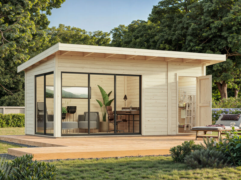 Gartenhaus ANDREA 15,2 m² ISO - 530x300 cm, 44 mm, 2-Raum, inkl. Boden, Schiebetür Plus, naturbelassen