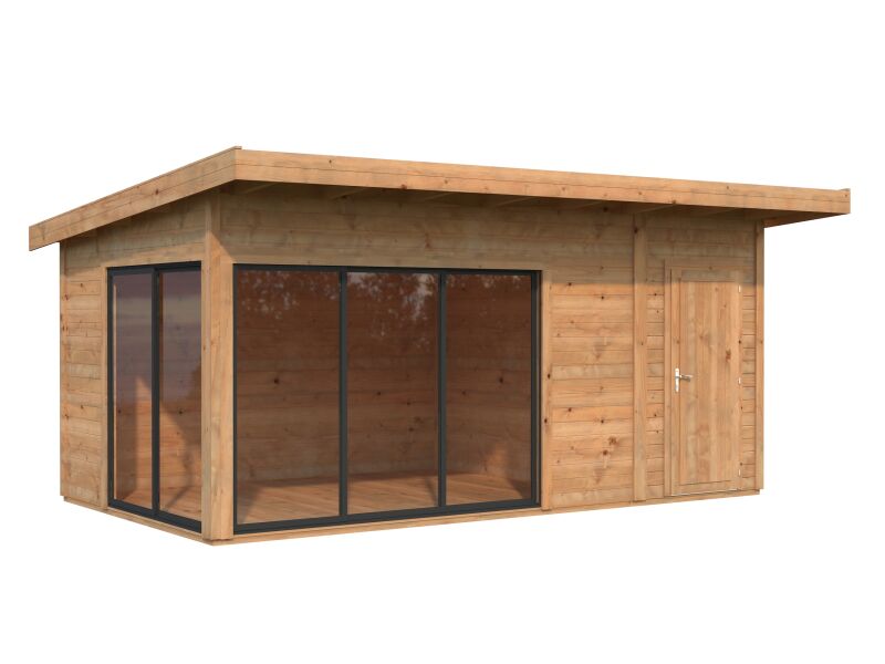 Gartenhaus ANDREA 15,2 m² ISO - 530x300 cm, 44 mm, 2-Raum, inkl. Boden, Schiebetür Plus, hellbraun imprägniert