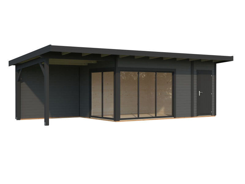 Gartenhaus ANDREA 15,2+7,9 m² - 833x300 cm, 44 mm, 2-Raum+Seitendach 303 cm,  inkl. Boden, Schiebetür, grau imprägniert