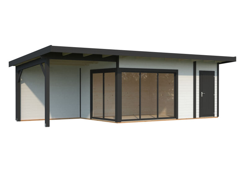 Gartenhaus ANDREA 15,2+7,9 m² - 833x300 cm, 44 mm, 2-Raum+Seitendach 303 cm,  inkl. Boden, Schiebetür, grau imprägniert