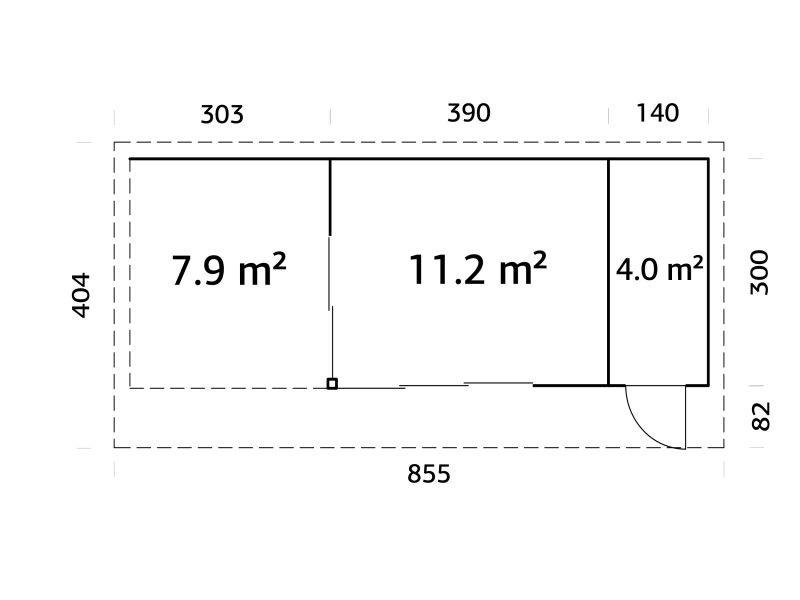 Gartenhaus ANDREA 15,2+7,9 m² - 833x300 cm, 44 mm, 2-Raum+Seitendach 303 cm,  inkl. Boden, Schiebetür, grau imprägniert