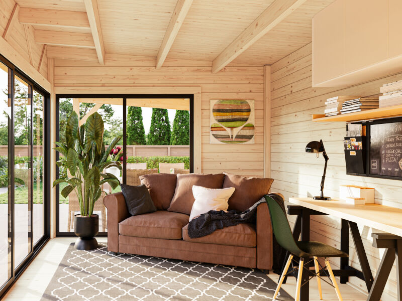Gartenhaus ANDREA 15,2+7,9 m² - 833x300 cm, 44 mm, 2-Raum+Seitendach 303 cm,  inkl. Boden, Schiebetür, grau imprägniert
