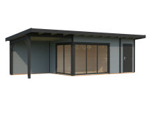 Gartenhaus ANDREA 15,2+7,9 m² - 833x300 cm, 44 mm, 2-Raum+Seitendach 303 cm,  inkl. Boden, Schiebetür, grau imprägniert