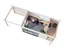 Gartenhaus ANDREA 15,2+7,9 m² - 833x300 cm, 44 mm, 2-Raum+Seitendach 303 cm,  inkl. Boden, Schiebetür, grau imprägniert