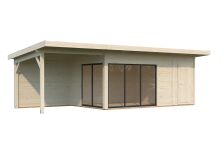 Gartenhaus ANDREA 15,2+7,9 m² - 833x300 cm, 44 mm, 2-Raum+Seitendach 303 cm,  inkl. Boden, Schiebetür, grau imprägniert